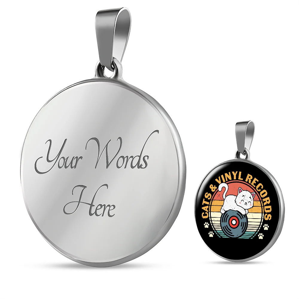 Cats And Vinyl Records Circle Pendant Necklace Stainless Steel 24 Inch Chain Si